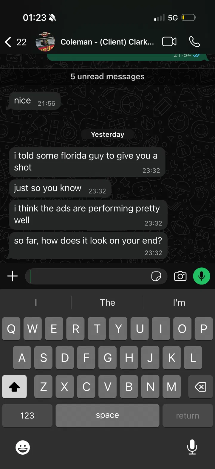 Coleman WhatsApp message confirming job booked from the ad