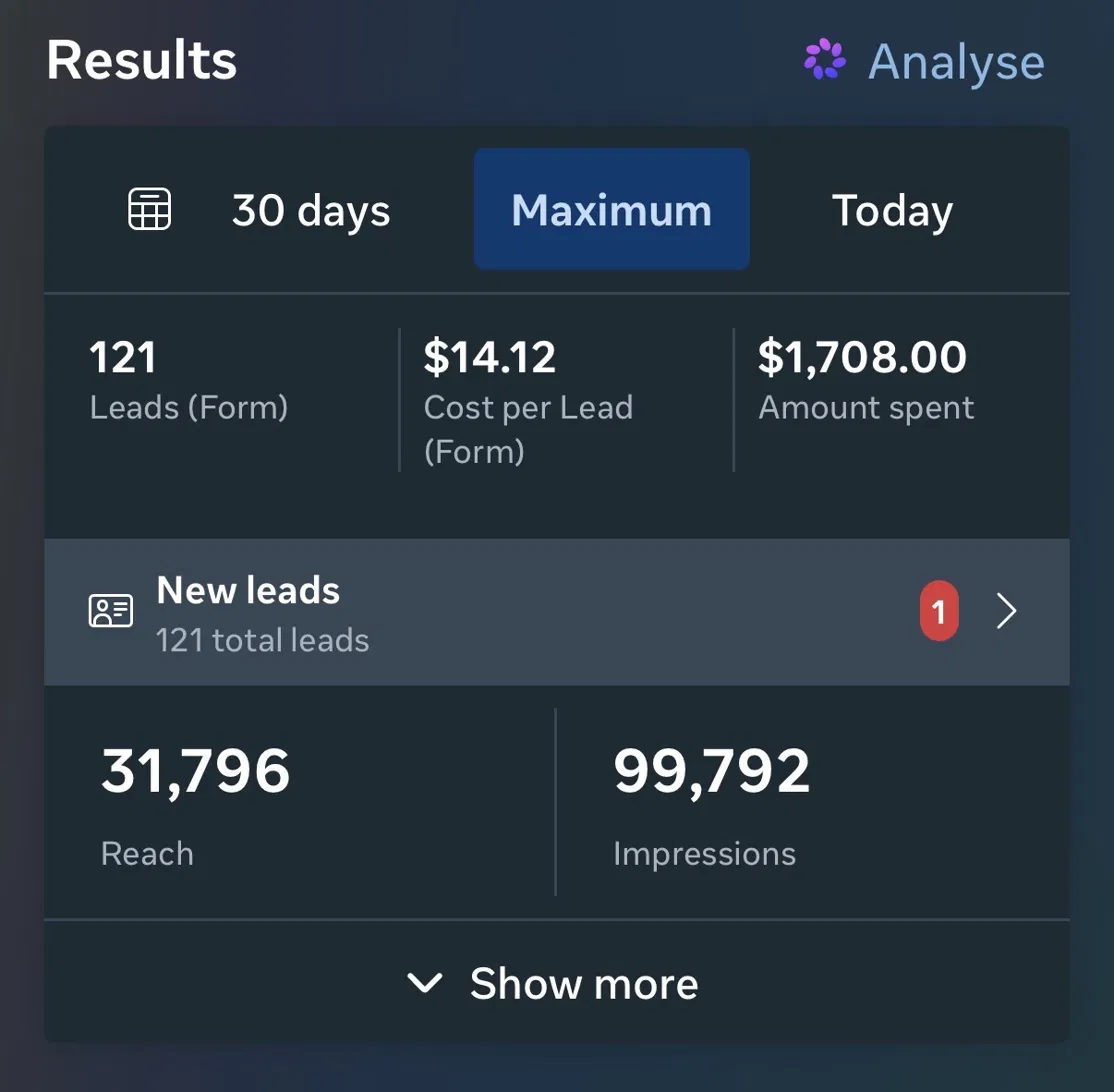 Eric Meta Ads results screenshot showing campaign performance